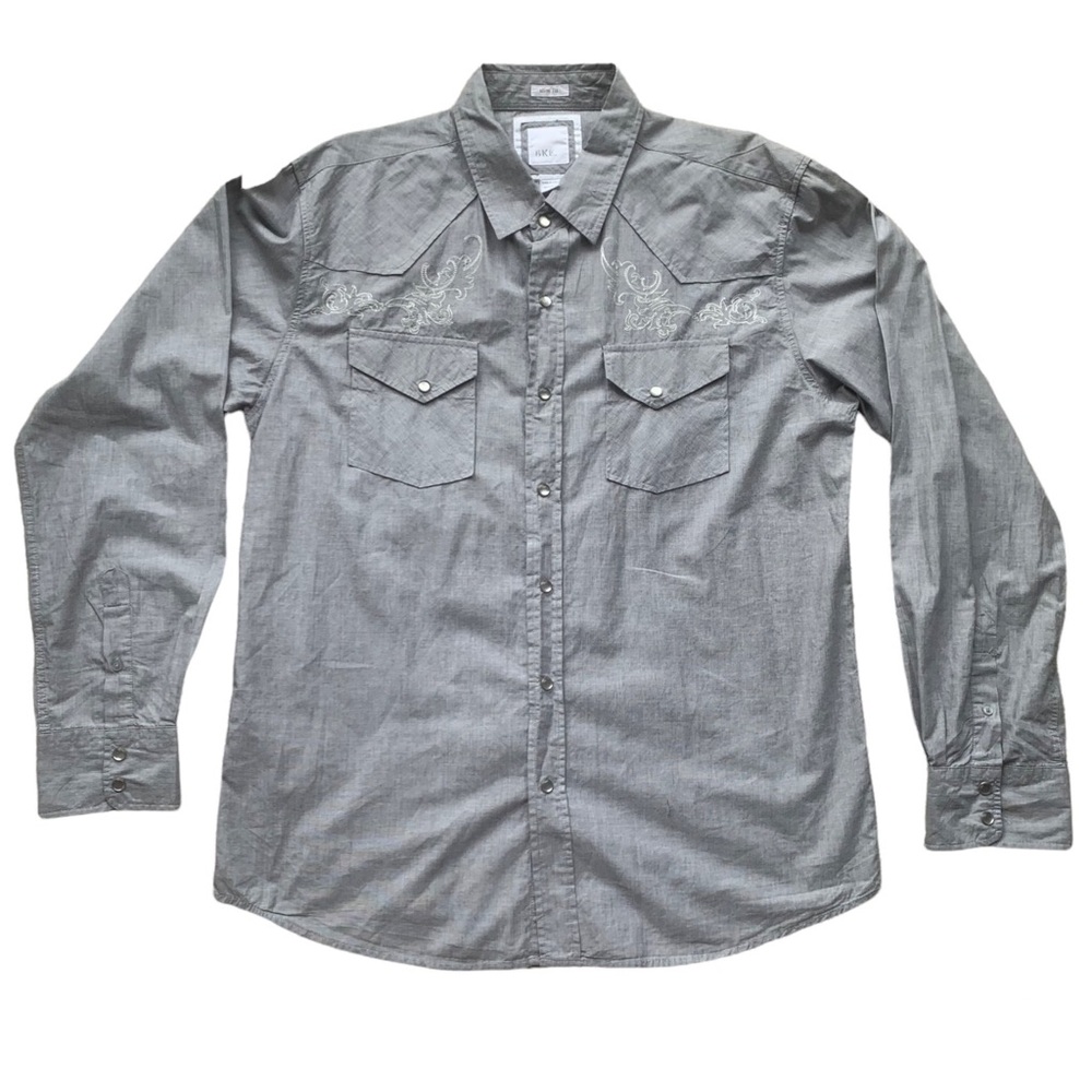 BKE Pearl Snap Shirt Mens XL Gray Long Sleeve Slim Fit Western Cotton Embroidery